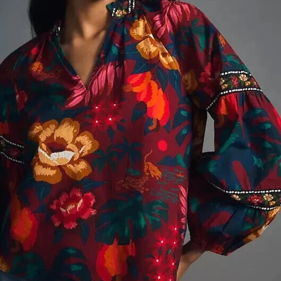 FARM Rio Tops - Farm Rio Poplin V-Neck Blouse Size Medium Floral Cotton Top Long Sleeve